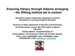 Ensuring literacy through didactic arranging – the Witting method set in context