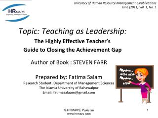 Topic: Teaching as Leadership: The Highly Effective Teacher’s Guide to Closing the Achievement Gap