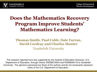 Does the Mathematics Recovery Program Improve Students' Mathematics Learning?