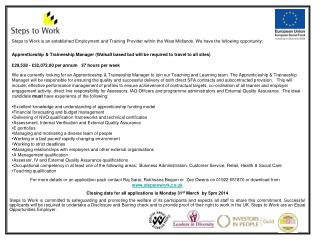 Apprenticeship &amp; Traineeship Manager (Walsall based but will be required to travel to all sites)