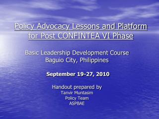 Policy Advocacy Lessons and Platform for Post CONFINTEA VI Phase