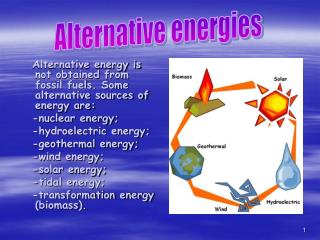 Alternative energy is not obtained from fossil fuels. Some alternative sources of energy are: