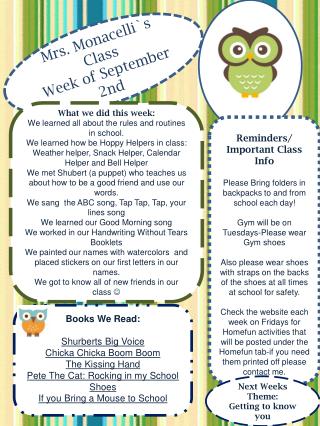 Mrs. Monacelli`s Class Week of September 2nd