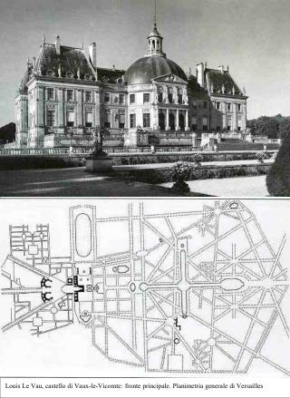 Louis Le Vau, castello di Vaux-le-Vicomte: fronte principale. Planimetria generale di Versailles