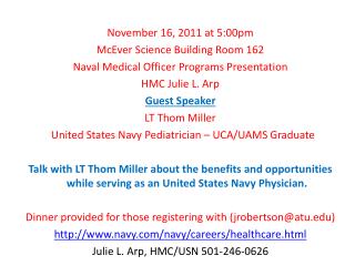 November 16, 2011 at 5:00pm McEver Science Building Room 162