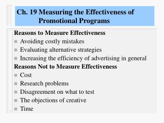 Ch. 19 Measuring the Effectiveness of Promotional Programs