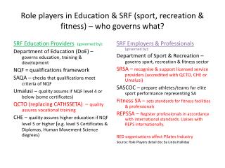 Role players in Education &amp; SRF (sport, recreation &amp; fitness) – who governs what?