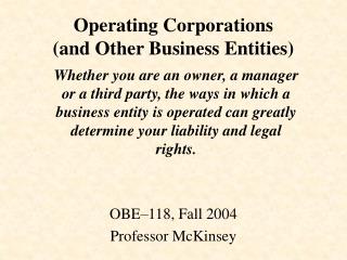 Operating Corporations (and Other Business Entities)