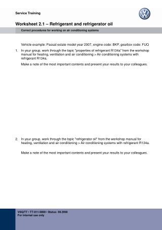 Worksheet 2.1 – Refrigerant and refrigerator oil