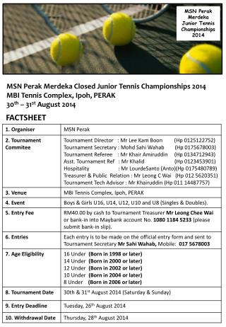 MSN Perak Merdeka Closed Junior Tennis Championships 2014 MBI Tennis Complex, Ipoh, PERAK