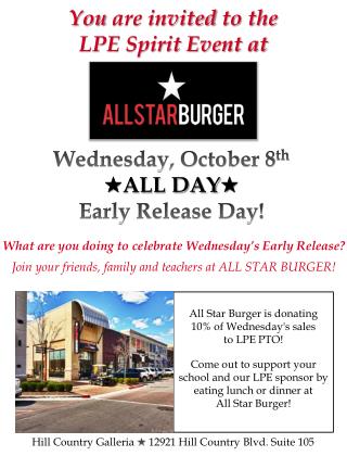All Star Burger is donating 10% of Wednesday's sales to LPE PTO!