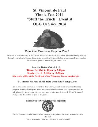 St. Vincent de Paul Vinnie Fest 2014 &quot; Stuff the Truck &quot; Event at OLG Oct . 4-5 , 20 1 4