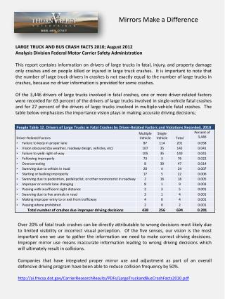 LARGE TRUCK AND BUS CRASH FACTS 2010; August 2012