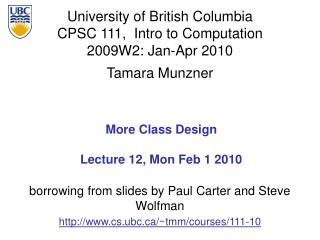 More Class Design Lecture 12, Mon Feb 1 2010