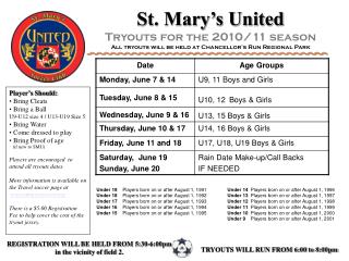 St. Mary’s United Tryouts for the 2010/11 season