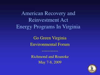 American Recovery and Reinvestment Act Energy Programs In Virginia