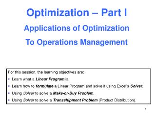 Optimization – Part I Applications of Optimization To Operations Management