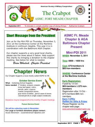 ASMC Ft. Meade Chapter &amp; AGA Baltimore Chapter Present Mini-PDI 2011 WHEN : November 3, 2011
