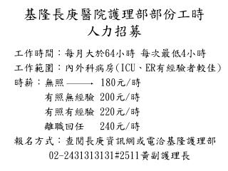 基隆長庚醫院護理部部份工時人力招募