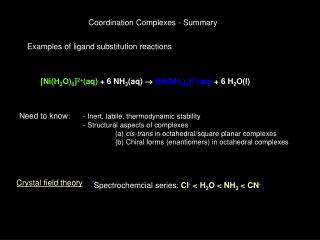 Coordination Complexes - Summary