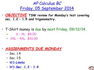 AP Calculus BC Friday, 05 September 2014