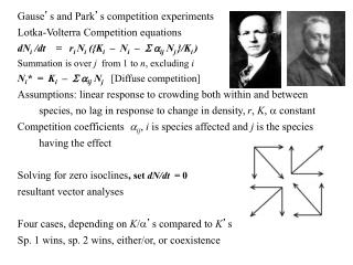 Gause ’ s and Park ’ s competition experiments Lotka-Volterra Competition equations