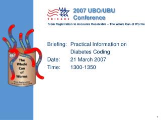 Briefing: 	Practical Information on 	Diabetes Coding Date: 	21 March 2007 Time: 	1300-1350