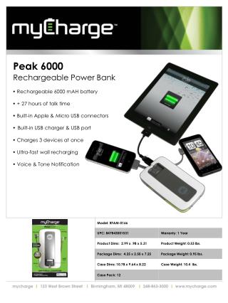 Rechargeable 6000 mAH battery + 27 hours of talk time Built-in Apple &amp; Micro USB connectors
