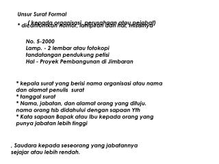 Unsur Surat Formal * dicantumkan nomor, lampiran dan hal, misalnya