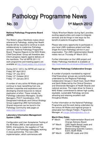 Pathology Programme News No. 33 1 st March 2012
