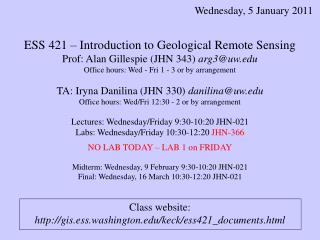 ESS 421 – Introduction to Geological Remote Sensing Prof: Alan Gillespie (JHN 343) arg3@uw
