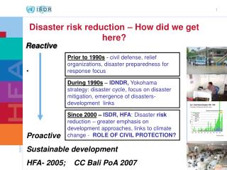 Prior to 1990s - civil defense, relief organizations, disaster preparedness for response focus