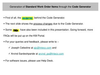 Generation of Standard Work Order Items through the Code Generator