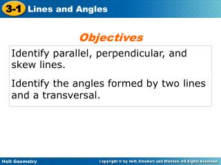 Identify parallel, perpendicular, and skew lines.