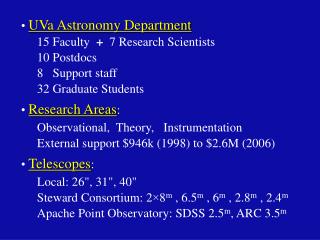 UVa Astronomy Department 15 Faculty + 7 Research Scientists 10 Postdocs 8 Support staff