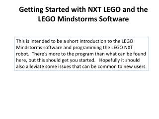 Getting Started with NXT LEGO and the LEGO Mindstorms Software