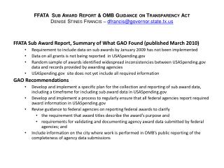 FFATA Sub Award Report, Summary of What GAO Found (published March 2010)