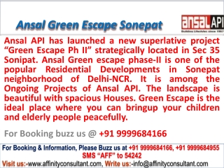 Ansal Green Escape Phase ii new project Sonepat @ 0999968416
