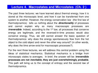 Lecture 4. Macrostates and Microstates (Ch. 2 )