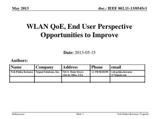 WLAN QoE, End User Perspective Opportunities to Improve