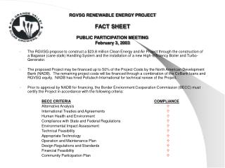 RGVSG RENEWABLE ENERGY PROJECT FACT SHEET PUBLIC PARTICIPATION MEETING February 3, 2003