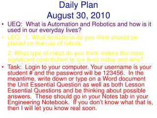 Daily Plan August 30, 2010