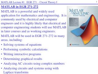 MATLAB Lecture #1 EGR 271 – Circuit Theory I