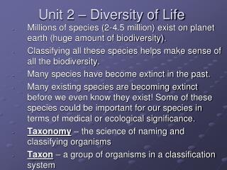 Unit 2 – Diversity of Life