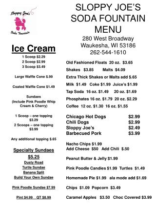 SLOPPY JOE’S SODA FOUNTAIN MENU 280 West Broadway Waukesha, WI 53186 262-544-1610