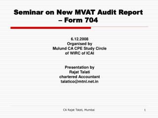 Seminar on New MVAT Audit Report – Form 704