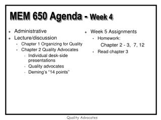 MEM 650 Agenda - Week 4