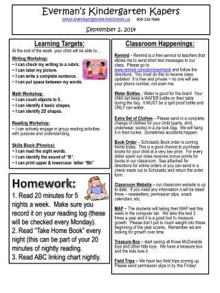 Learning Targets : At the end of the week your child will be able to… Writing Workshop: