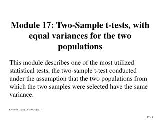 Module 17: Two-Sample t-tests, with equal variances for the two populations