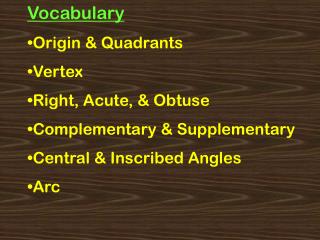 Vocabulary Origin & Quadrants Vertex Right, Acute, & Obtuse Complementary & Supplementary
